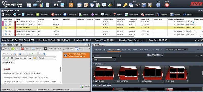 Inception newsroom rundown for a sample show, with a story open in the script editor and the XPression graphics plug-in panel beside it