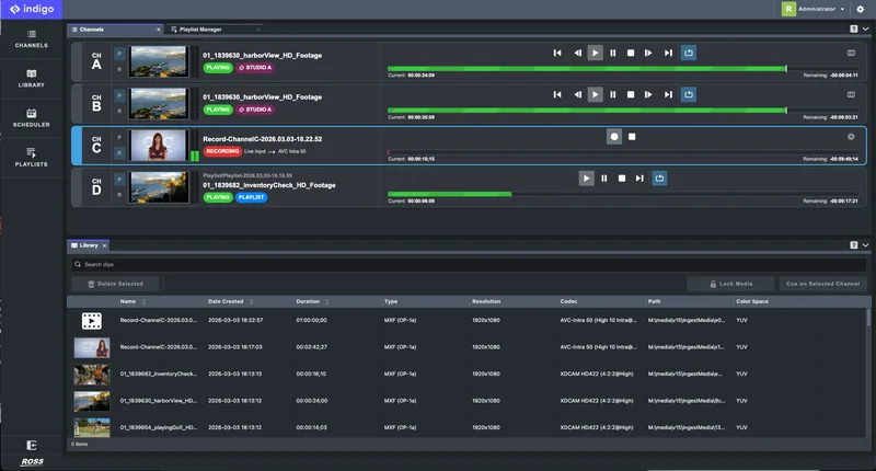 Indigo channels view: four record and playout channels with transport controls, and the shared media library below