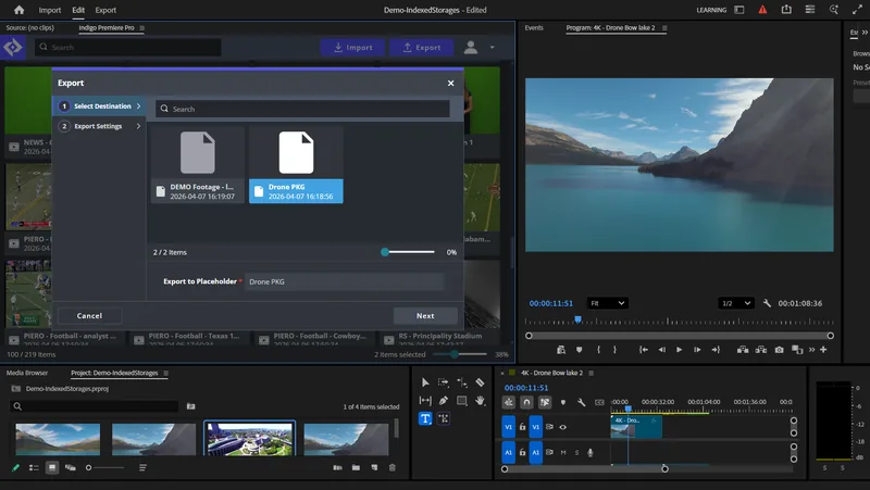 Exporting a Premiere Pro sequence from the Indigo panel to a placeholder in the library