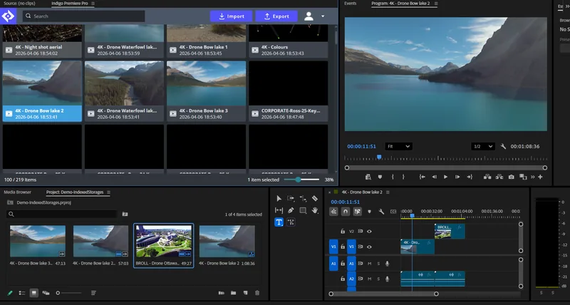 The Indigo panel inside Adobe Premiere Pro, browsing library clips beside the Premiere timeline
