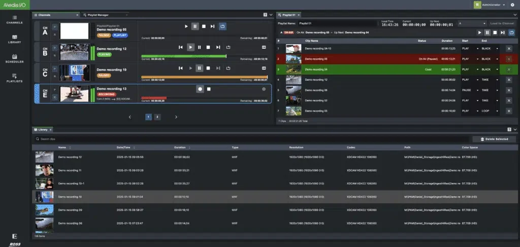 Media I/O in a browser: four record and playout channels on the left, an on-air playlist on the right, and the media library below