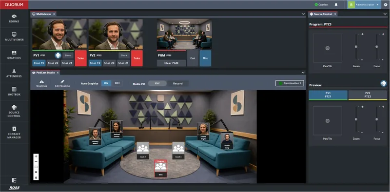 Quorum running a podcast studio: a multiviewer with two camera previews and program, a floor plan of the studio with the seated guests, and pan, tilt and zoom camera control