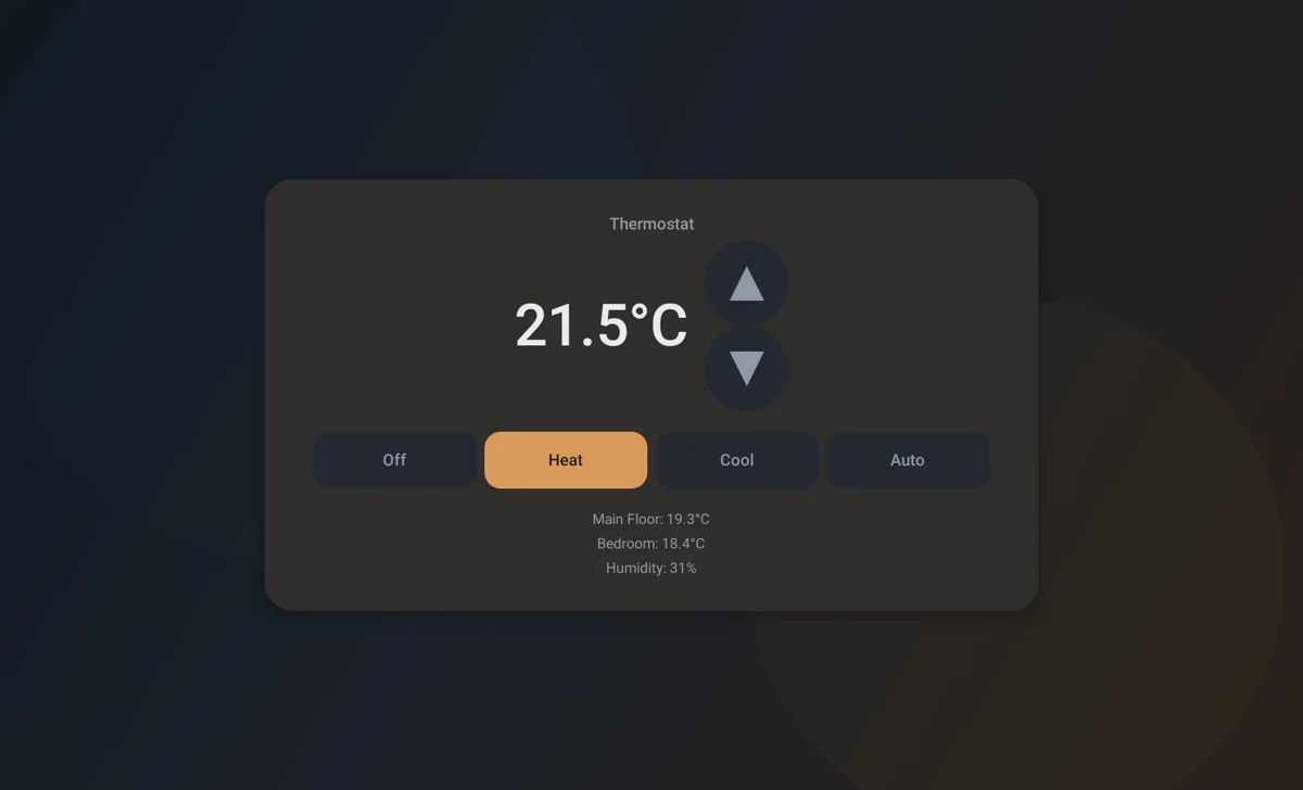 Slate wall panel: a thermostat control showing 21.5°C, heating, with mode buttons and room temperatures